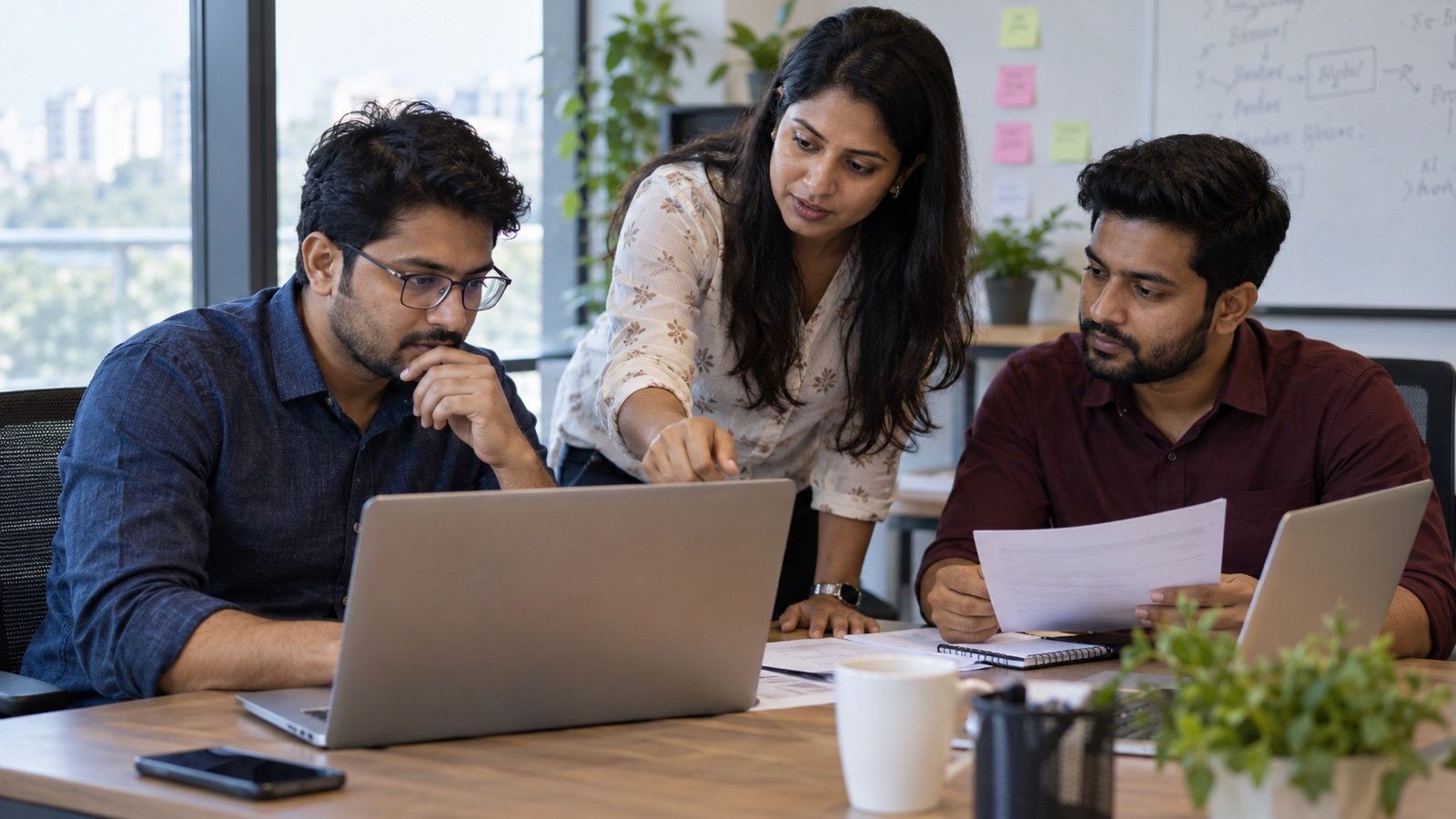 Indian sales manager and team reviewing an AI-assisted sales workflow in a realistic office