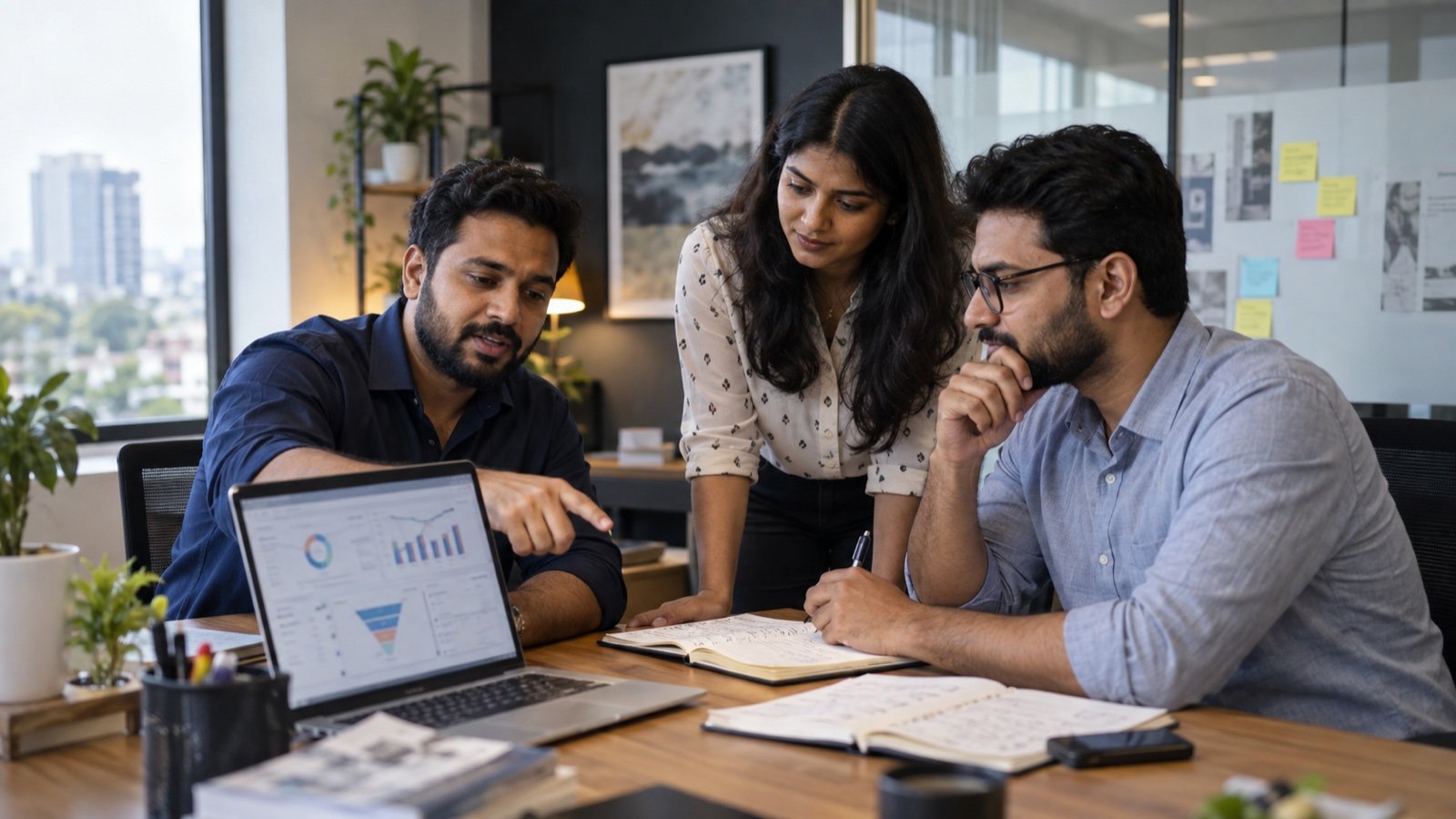 Indian small-business sales and marketing team reviewing an AI-assisted performance dashboard