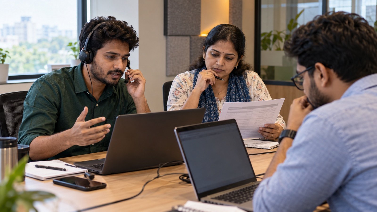Indian sales operations team testing and reviewing a Hindi AI voice-call workflow