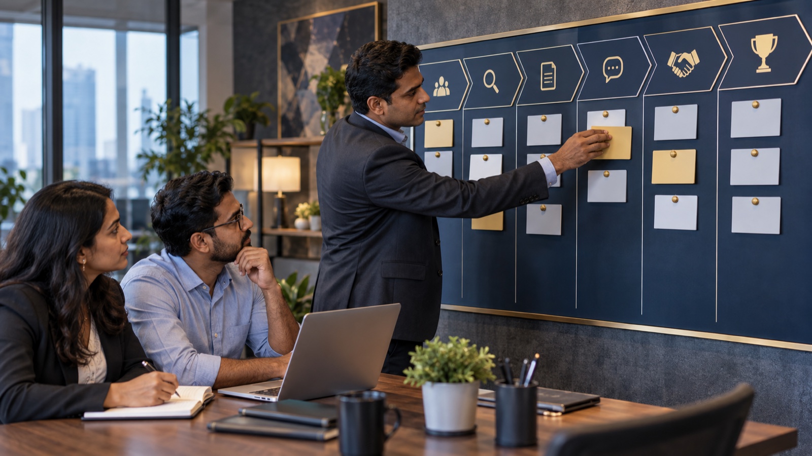 Sales team reviewing a practical B2B pipeline from lead to close