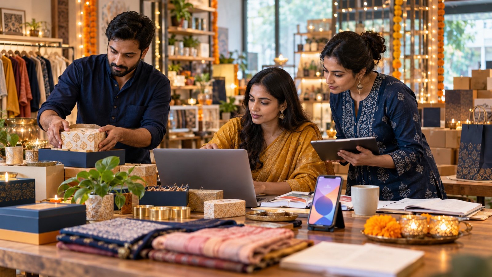 Indian small-business team preparing festive products, inventory and digital campaigns for Diwali sales
