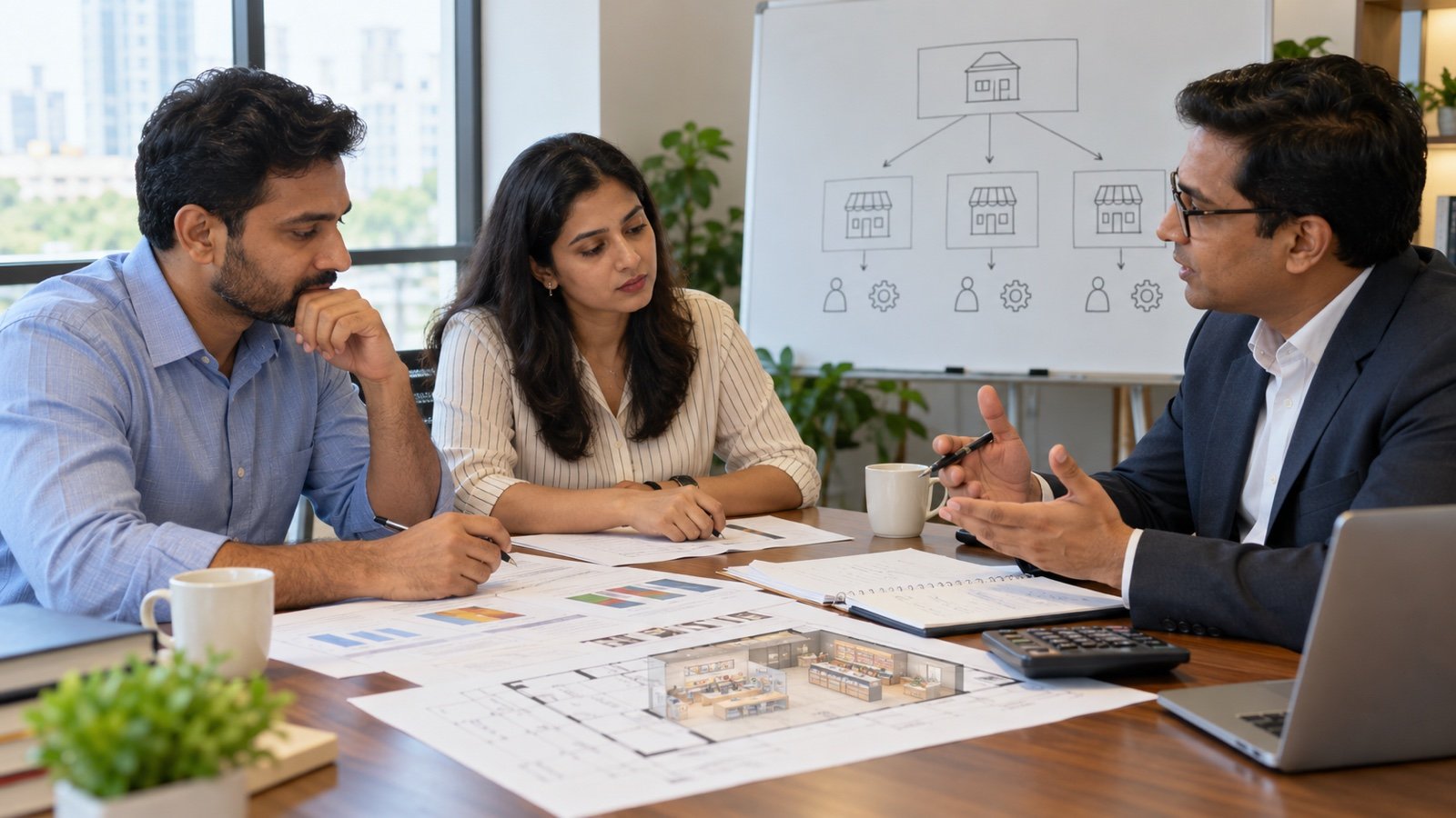 Indian franchise investor and brand team comparing ownership and operating responsibilities in a business meeting