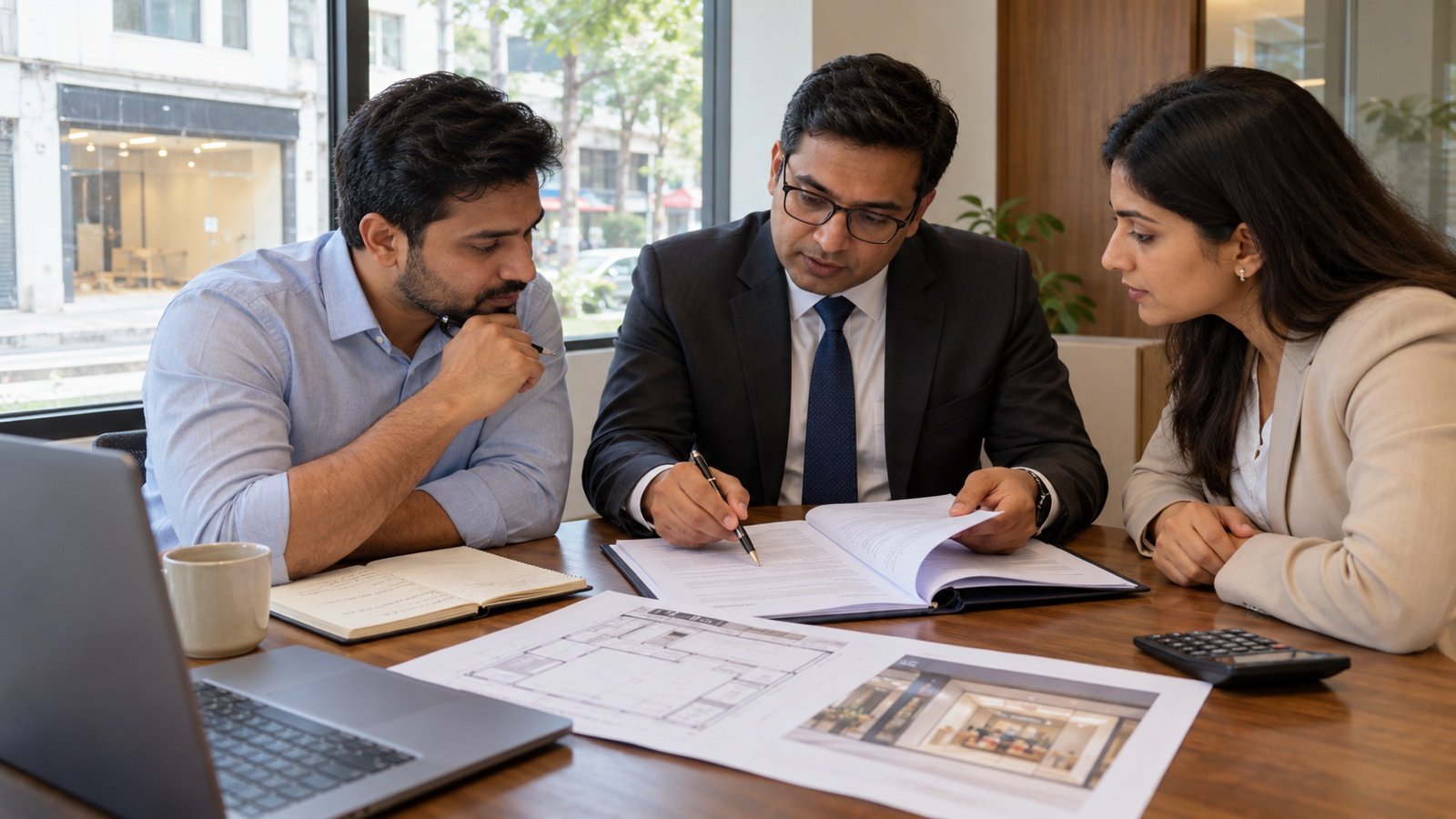 Indian franchise investor reviewing an agreement with a commercial lawyer and brand representative