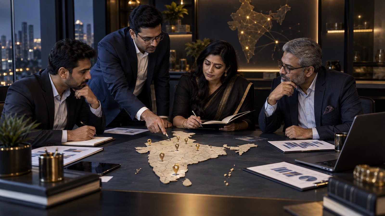 Indian business team comparing cities for franchise expansion on a map of India