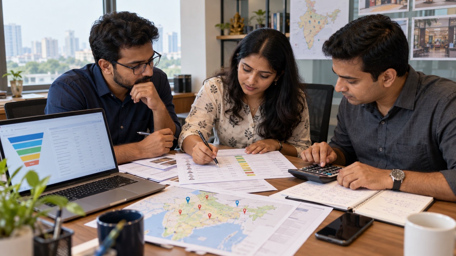 Indian franchise development team calculating lead quality and acquisition cost