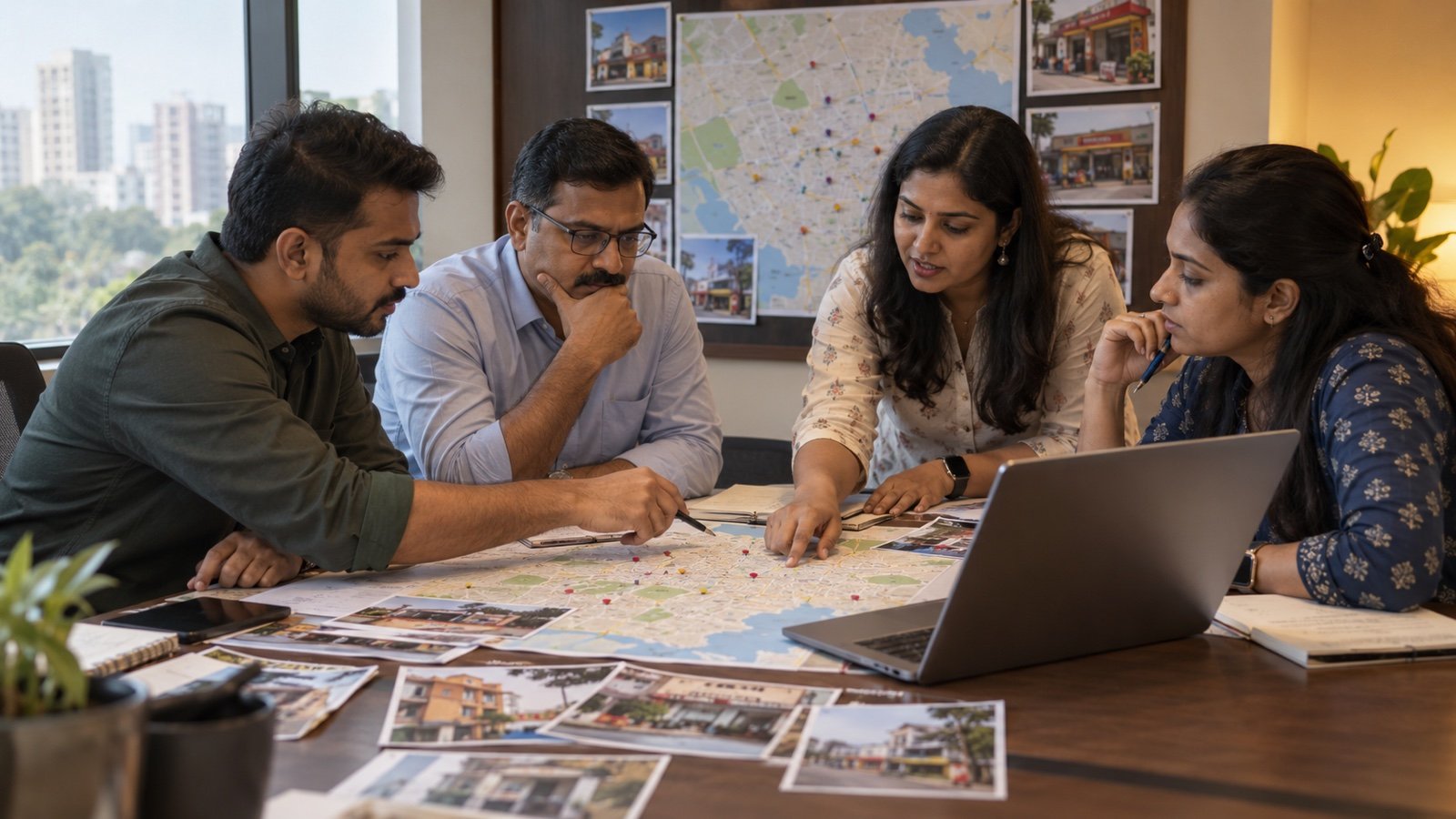 Indian franchise marketing team planning location pages using a city map and outlet photographs