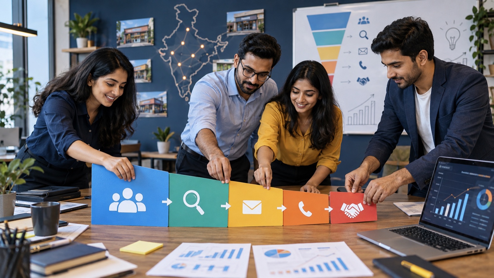 Marketing team mapping a franchise funnel from audience to conversion