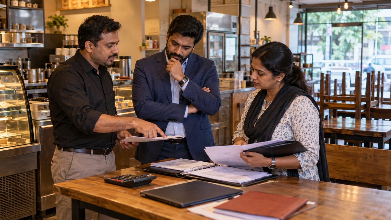 Indian franchise owner, prospective buyer and accountant reviewing an outlet valuation and transfer