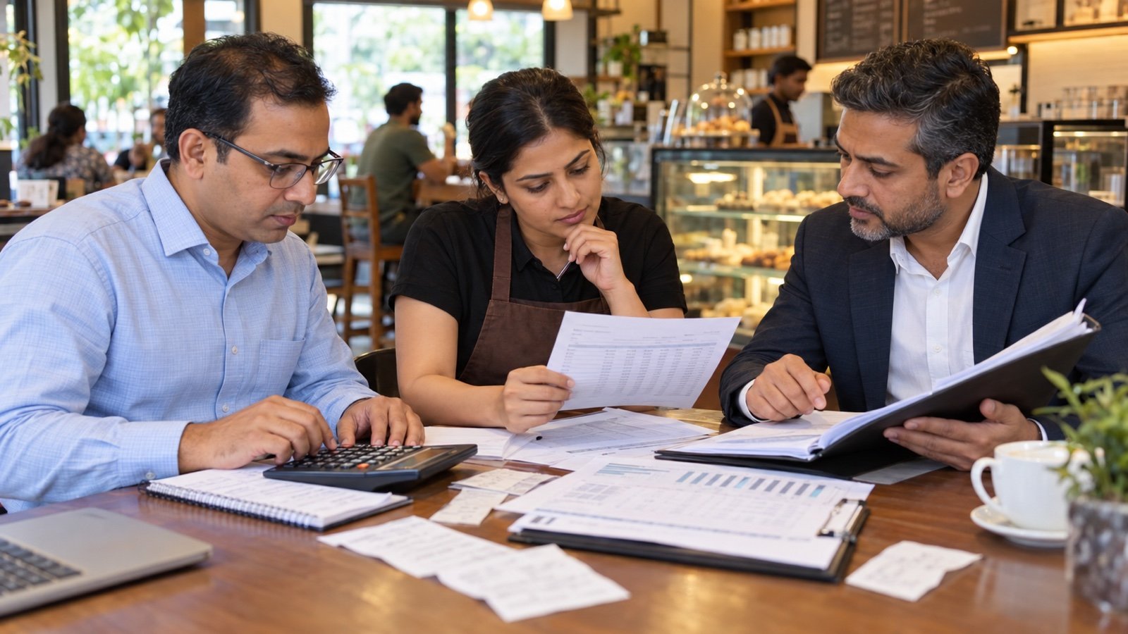 Indian franchisor, franchisee and accountant calculating monthly royalty from outlet records