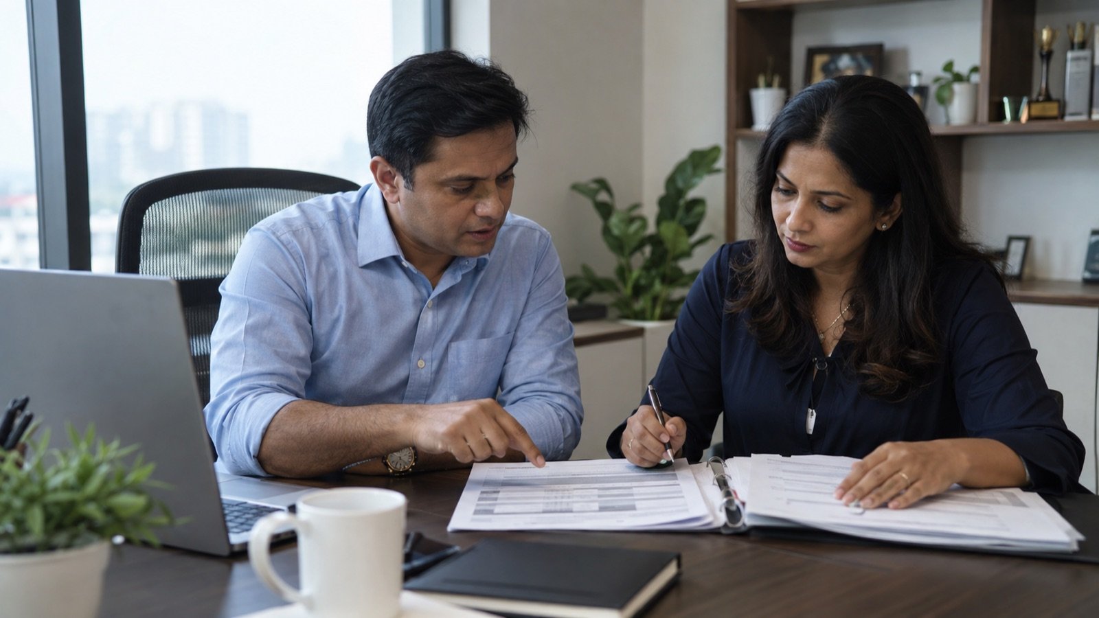 Indian franchise operations manager and business owner reviewing an SOP checklist in an office