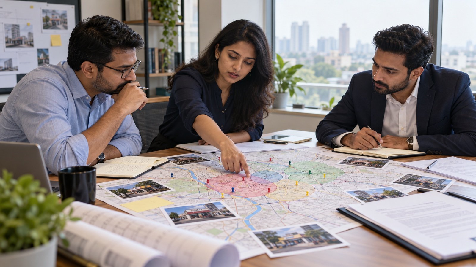 Indian franchise expansion team reviewing outlet catchment areas on a city map