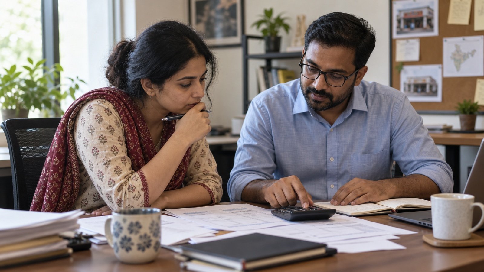 Indian founder and finance adviser calculating franchise unit economics in a real office