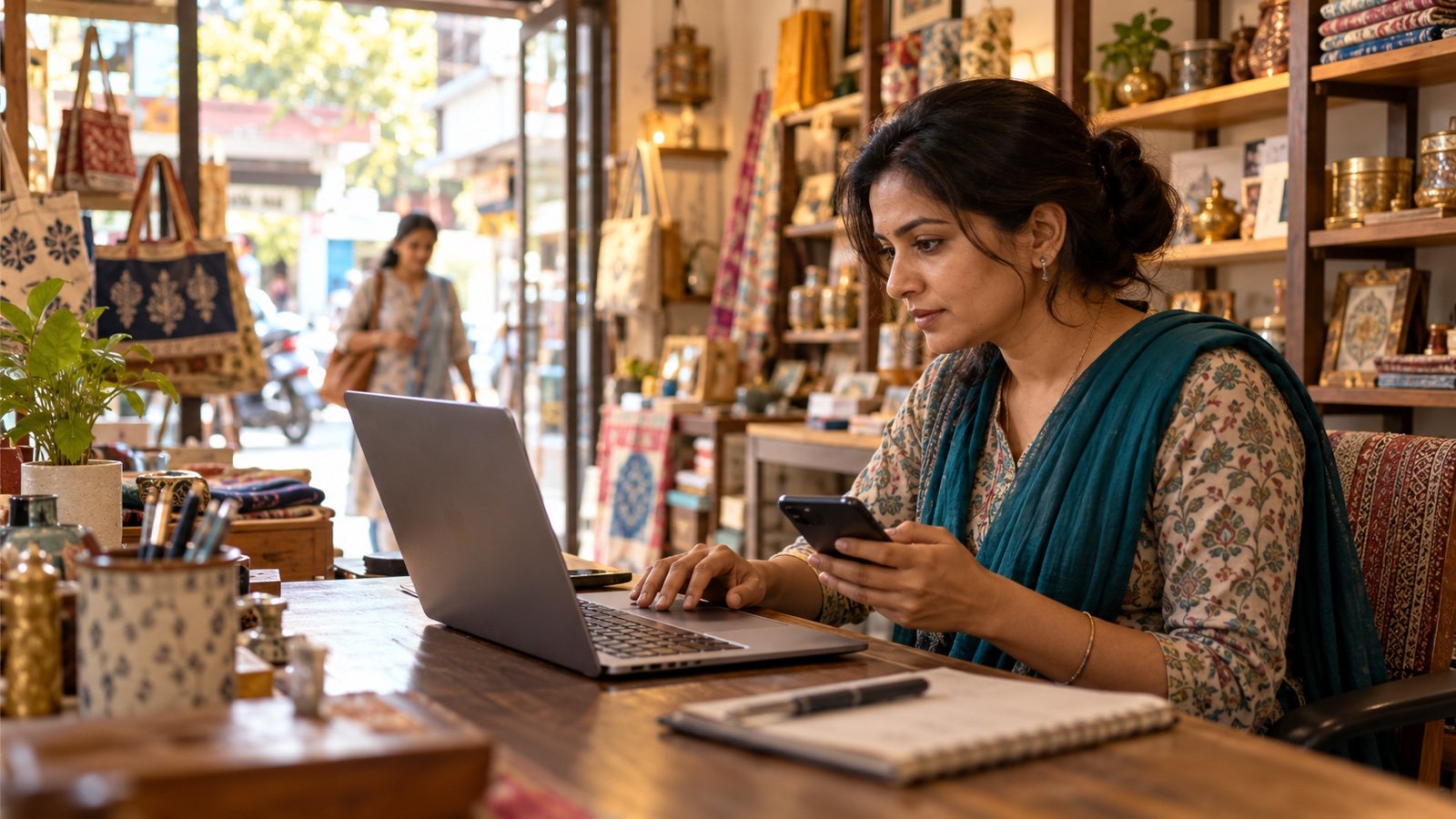 Indian retail business owner using a laptop and smartphone inside her shop
