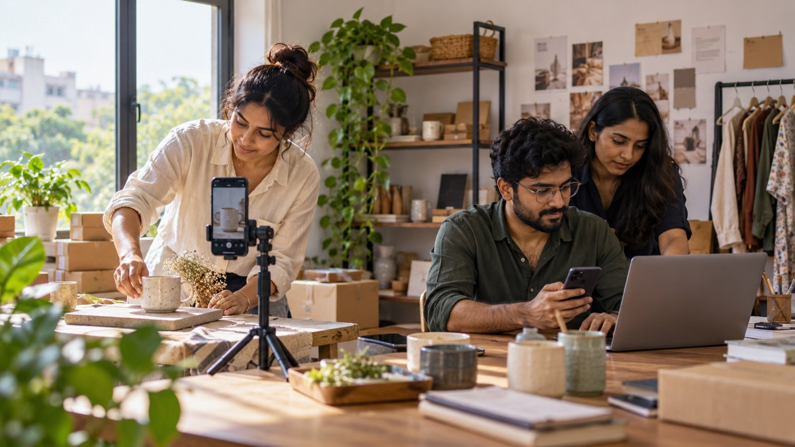 Indian creator-led business team filming product content and reviewing social media leads