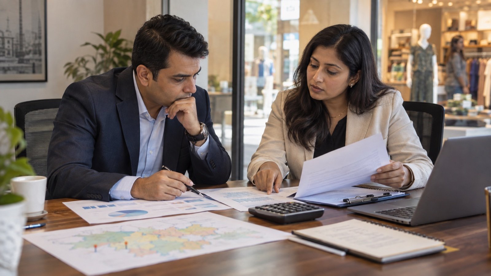 Indian entrepreneur and adviser reviewing franchise costs, territory and financial assumptions