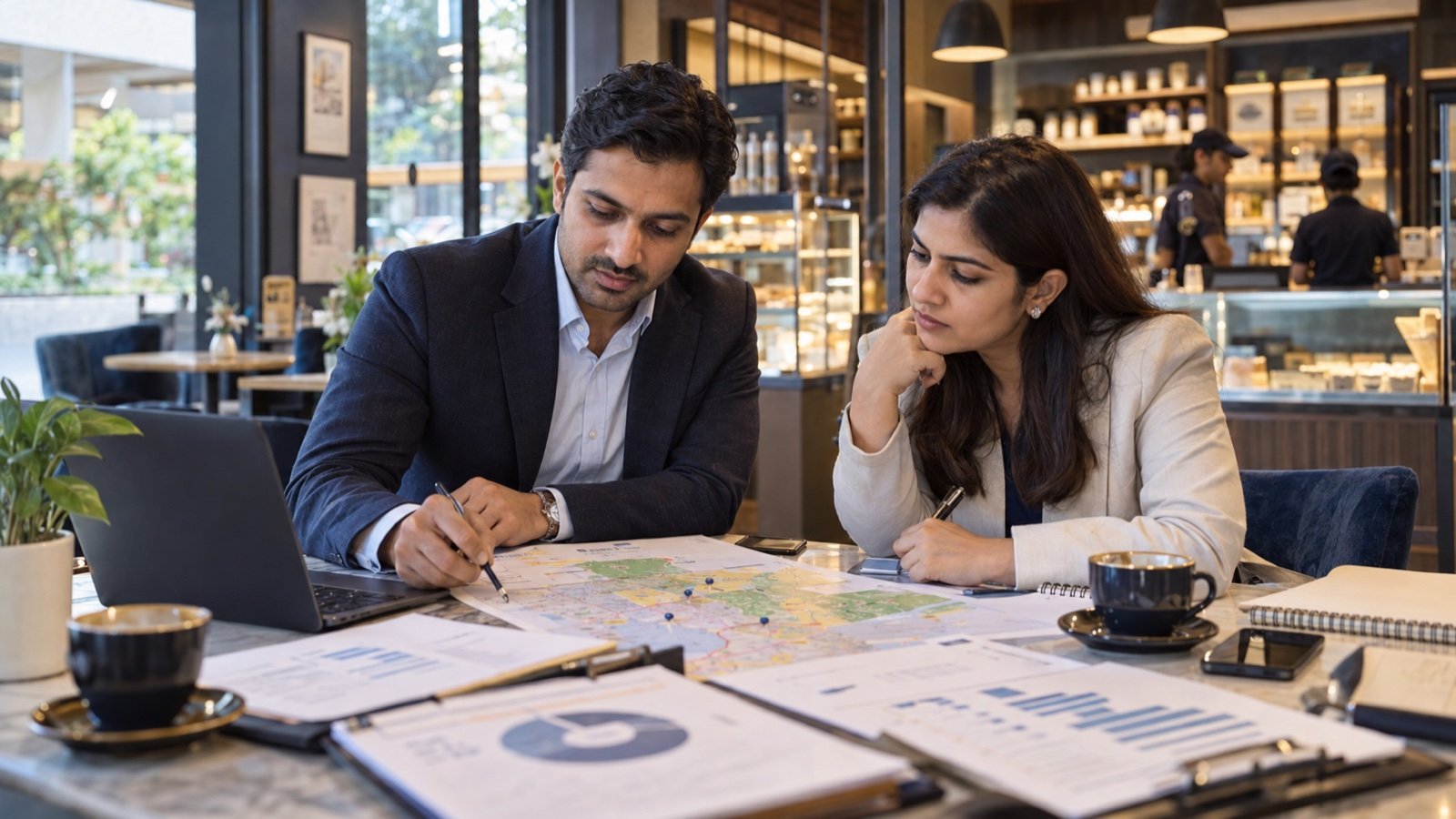 Indian franchise owner and operations manager reviewing a map and outlet performance before expansion