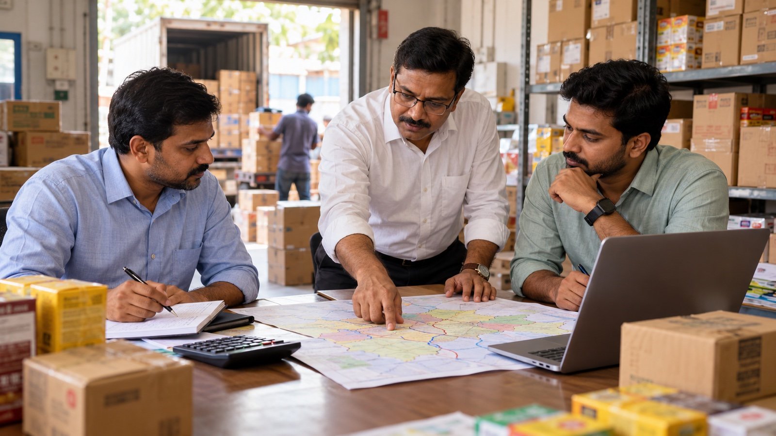 Indian manufacturer sales manager and regional distributors planning territories and secondary sales