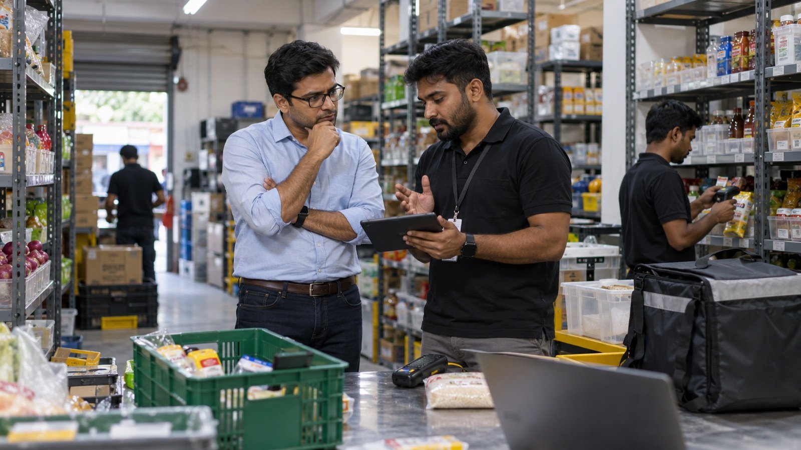 Indian entrepreneur inspecting inventory and fulfilment operations inside a realistic quick-commerce dark store