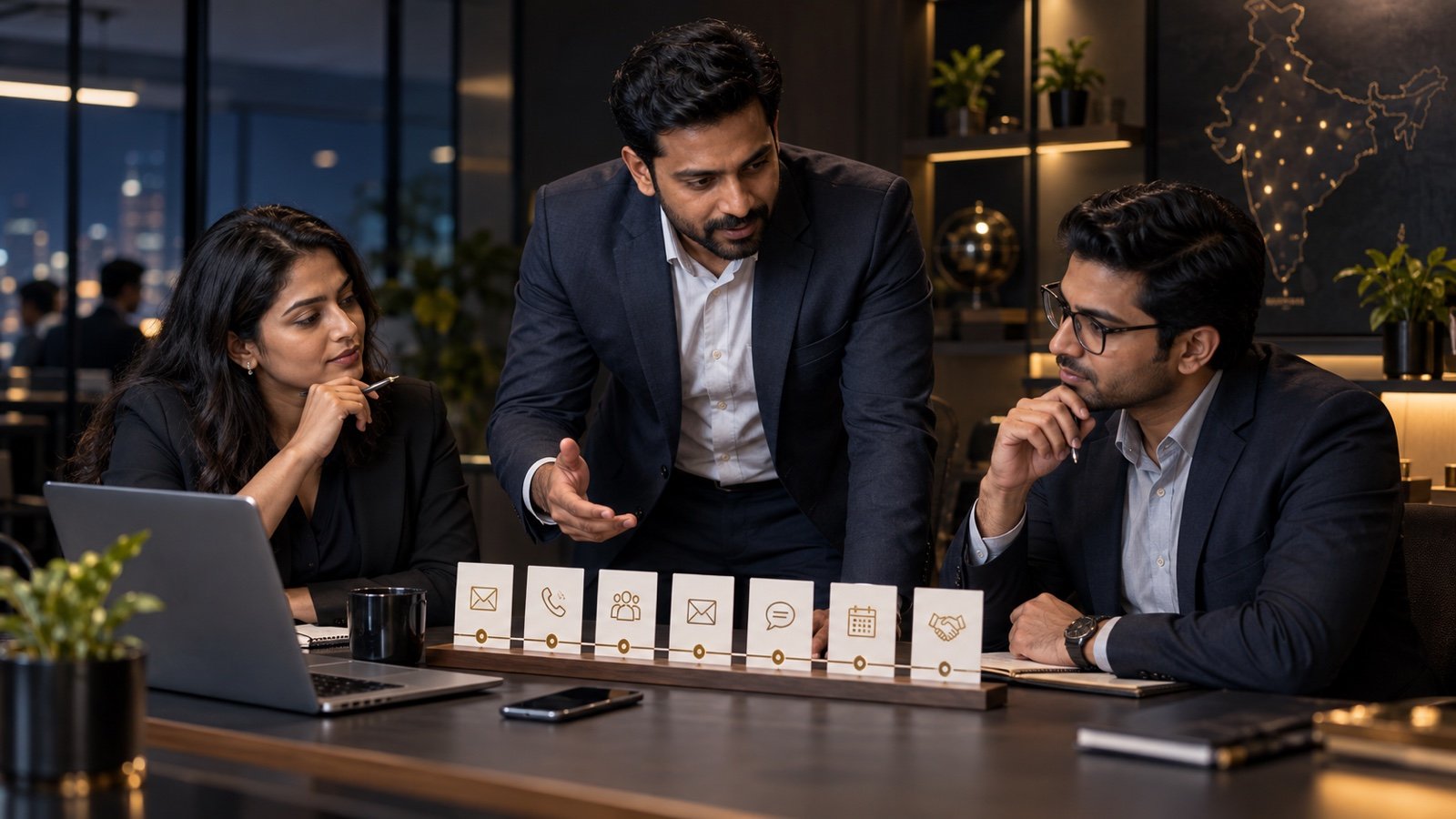 Indian sales team planning a seven-touch customer follow-up strategy