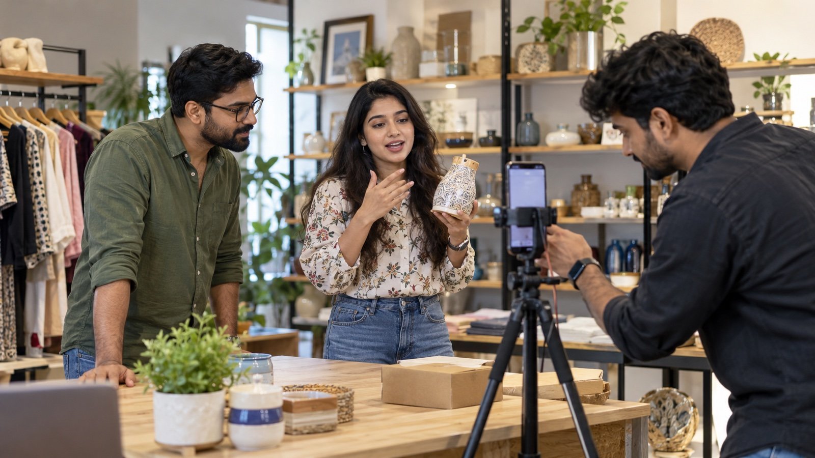 Indian small-business team filming a vertical product demonstration for short-form video marketing