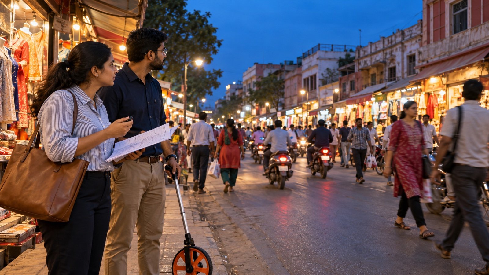 Franchise expansion team measuring footfall on a busy Tier-2 Indian high street