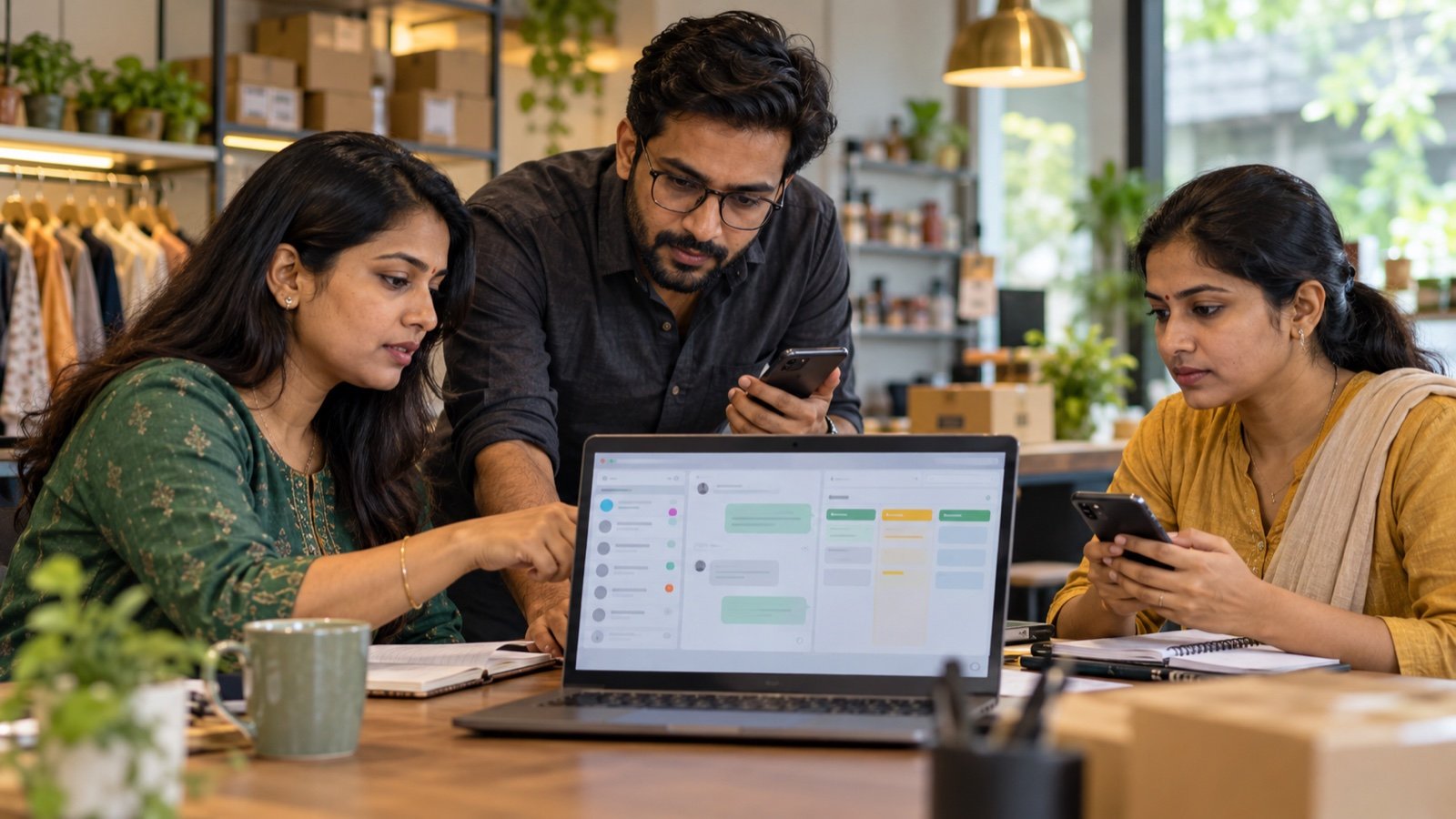 Indian small-business team managing customer chats and a sales pipeline from phones and a laptop